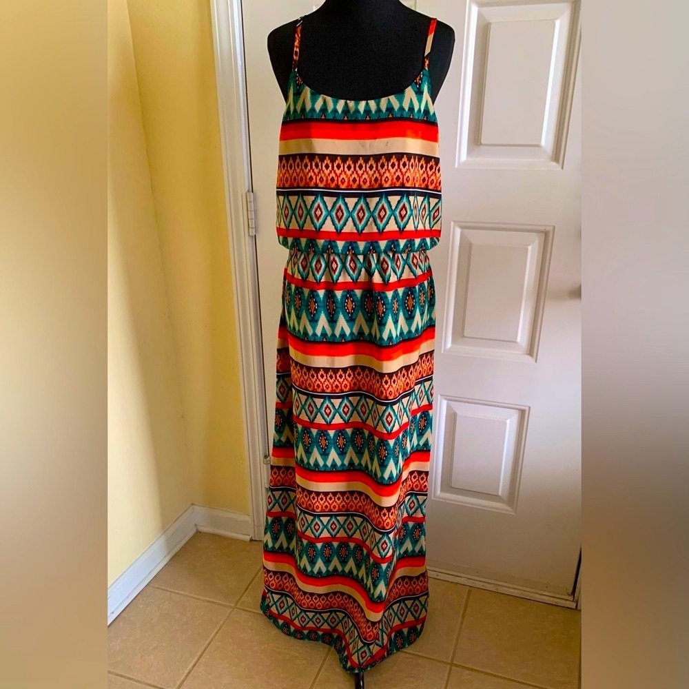 Boho Silky Colorful Tribal Print Maxi Dress Size M